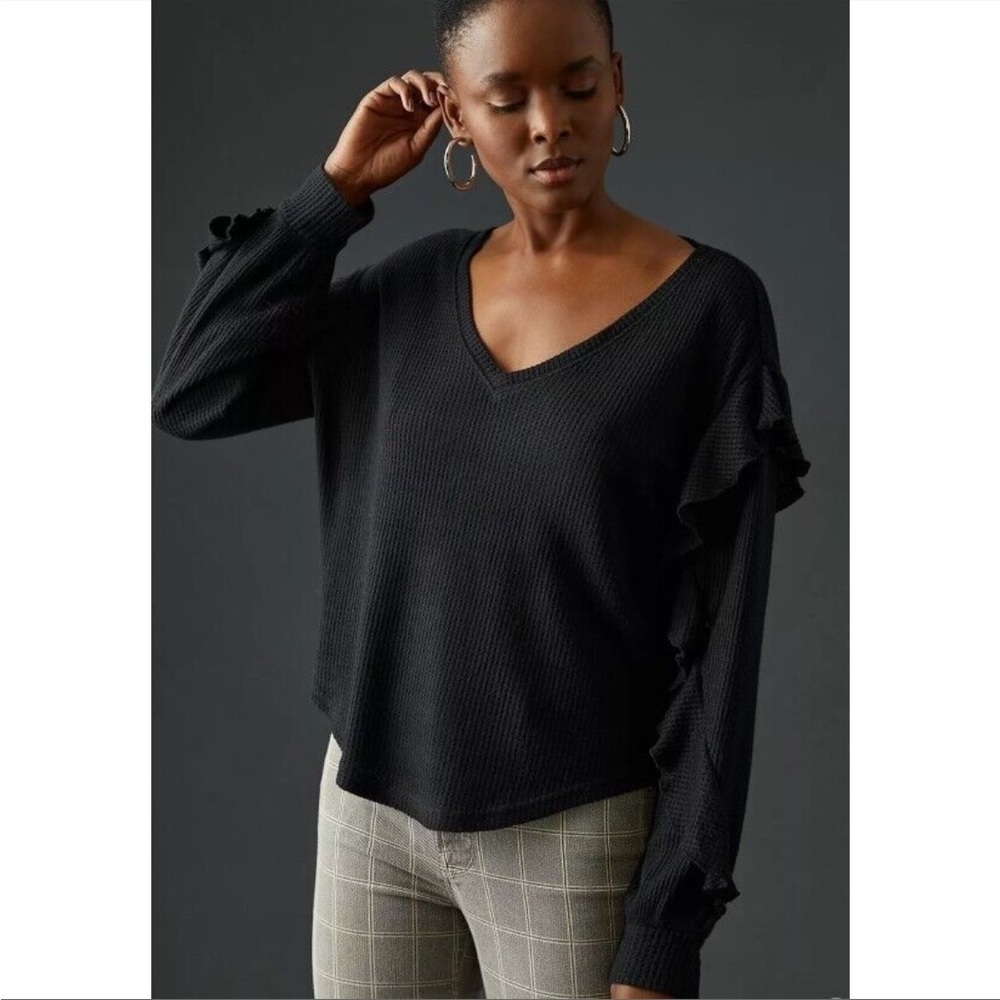 Anthropologie Pilcro Waffle Knit Black‎ Vneck Blouse Sweater Shirt Top Ruffles - Picture 2 of 7